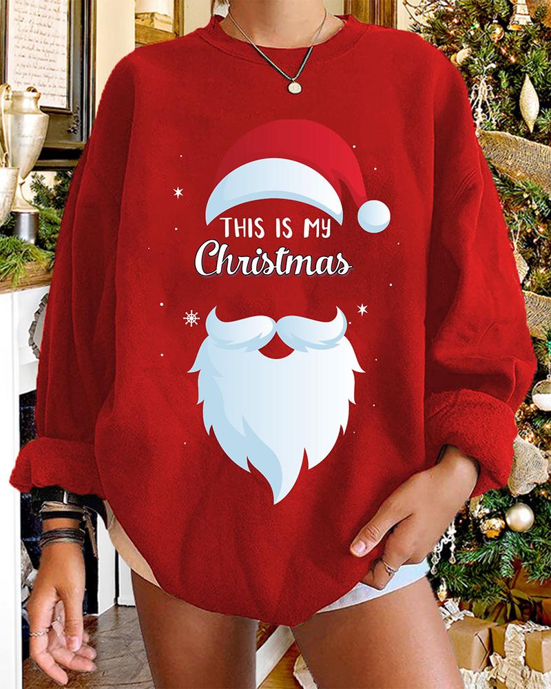 

Christmas Santa Pattern Letter Print Long Sleeve Sweatshirt, Red