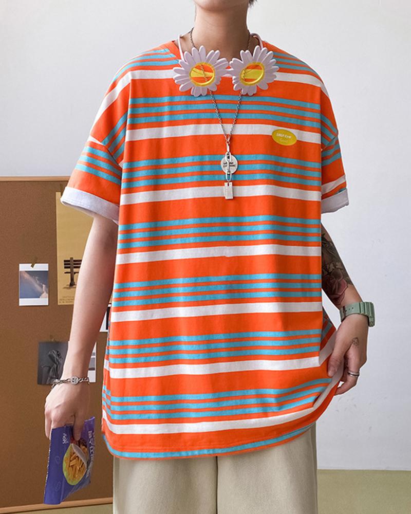 

Multicolor Striped Splicing Label Short Sleeve Short Sleeve T-shirt, Yellow