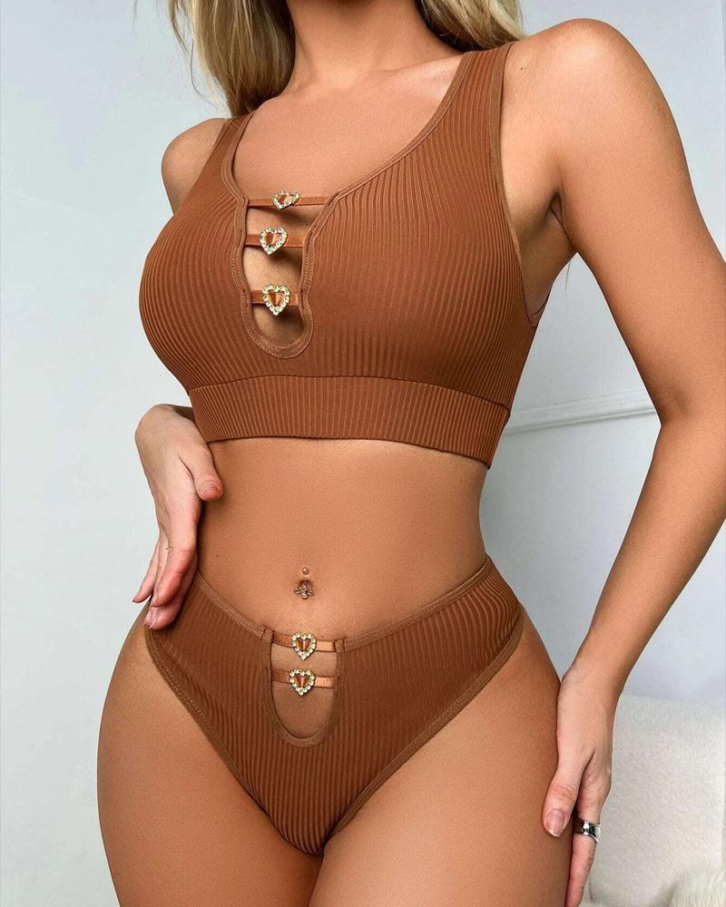 

Heart Buckle Hollow Out Lingerie Set, Coffee