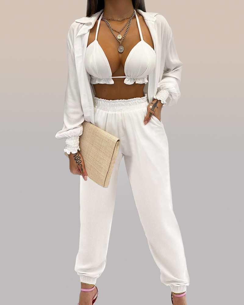 

Frill Hem Crop Top & Pocket Design Pants Sets With Lantern Sleeve Shirt, White