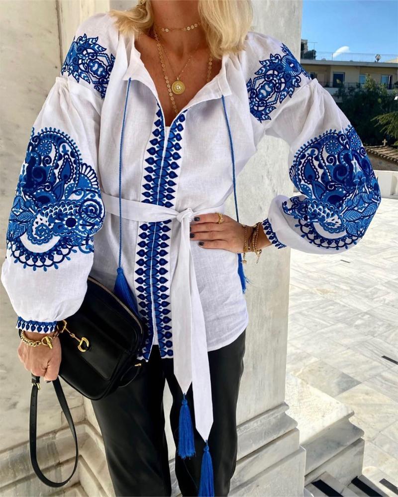 

Baroque Print Tassel Tied Detail Lantern Sleeve Top, Blue