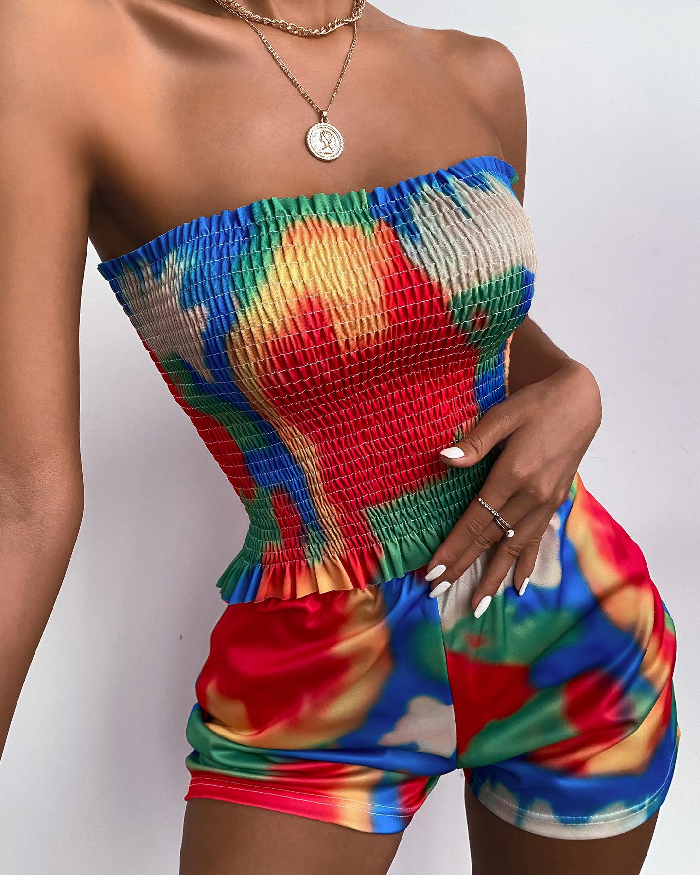 

Off Shoulder Tie Dye Print Shirred Crop Top & Shorts Sets, Multicolor