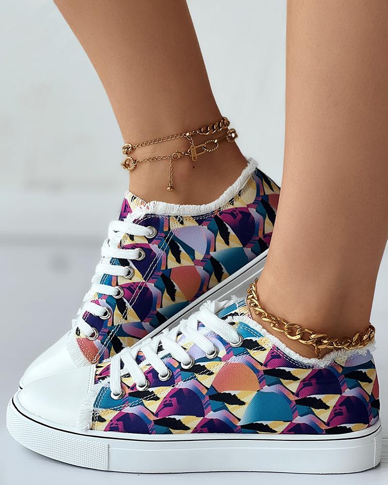 

Abstract Geometric Print Raw Hem Lace-up Canvas Sneakers, Multicolor