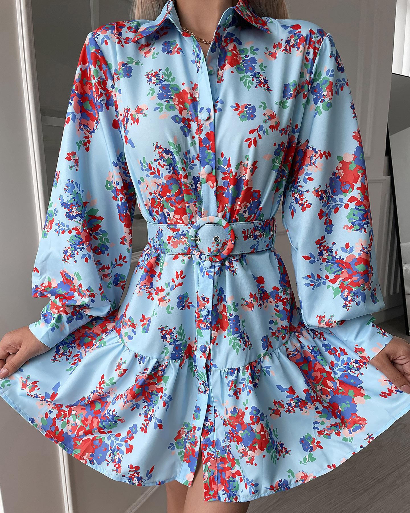 

Button Front Floral Print Shirt Dress With Belt, Blue