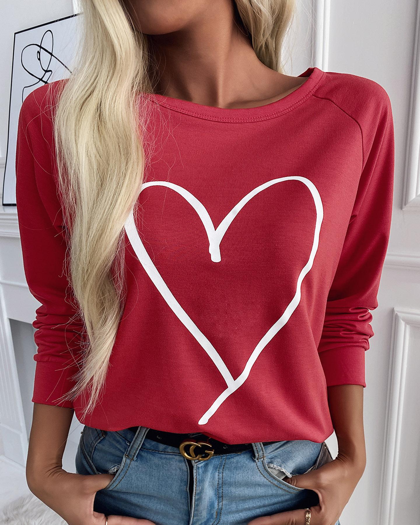 

Heart Print Long Sleeve Top, Red