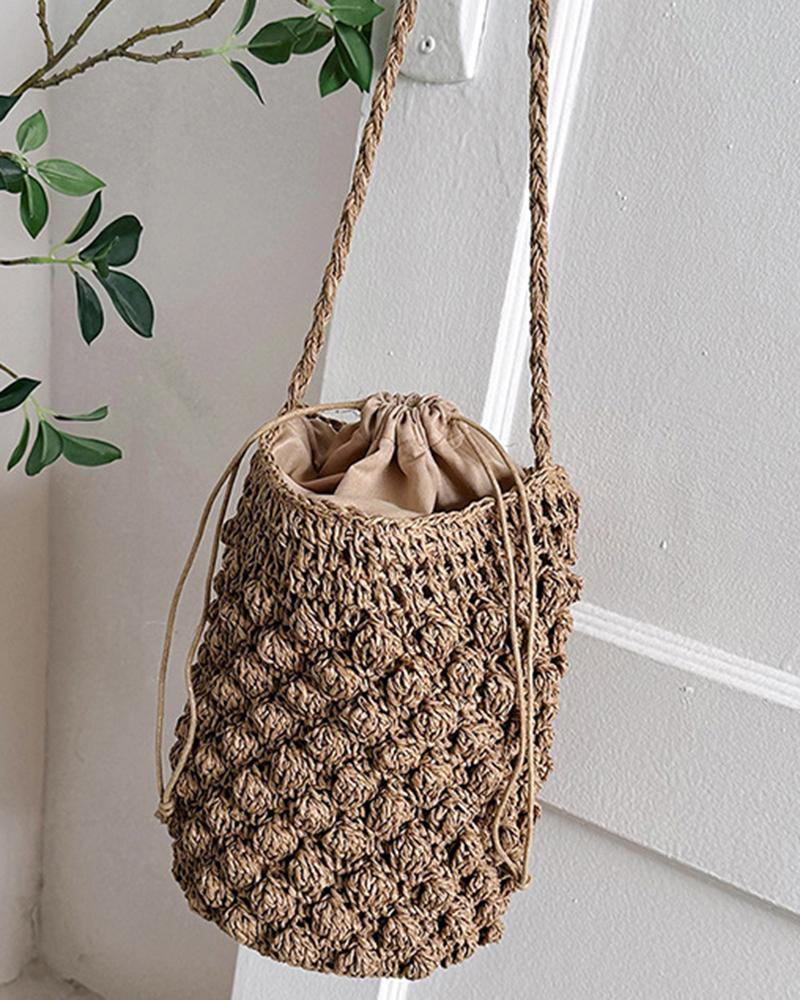 

Drawstring Braided Bucket Straw Bag, Khaki