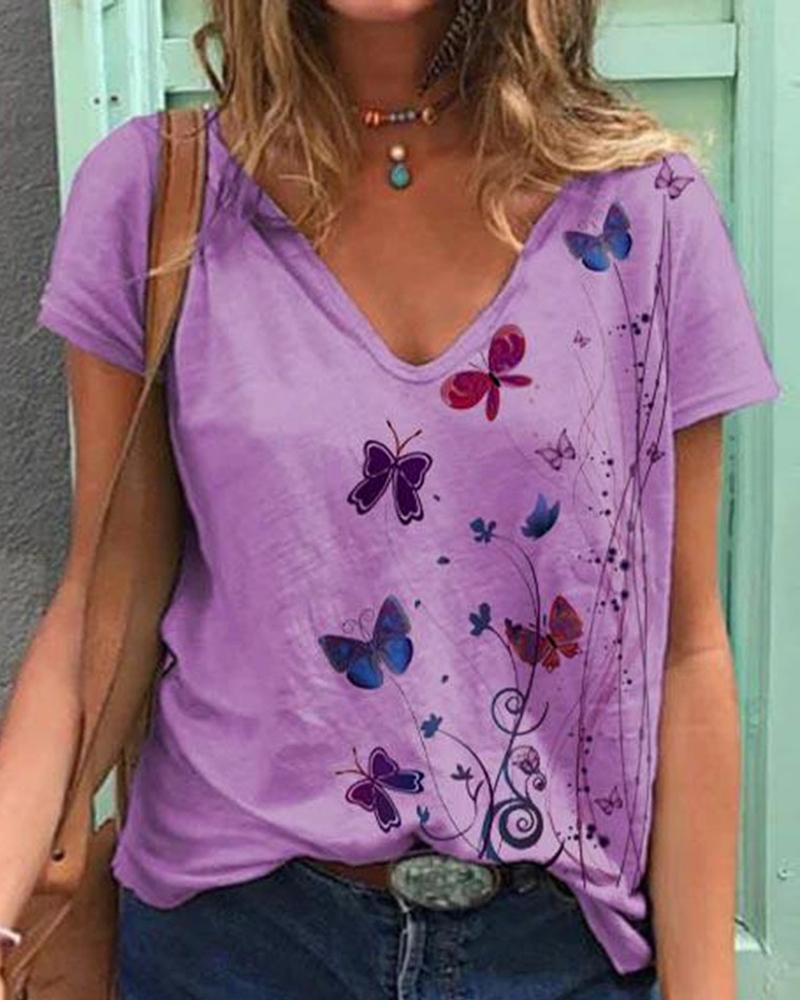 

V-Neck Butterfly Print Short Sleeve Casual T-shirt, Purple