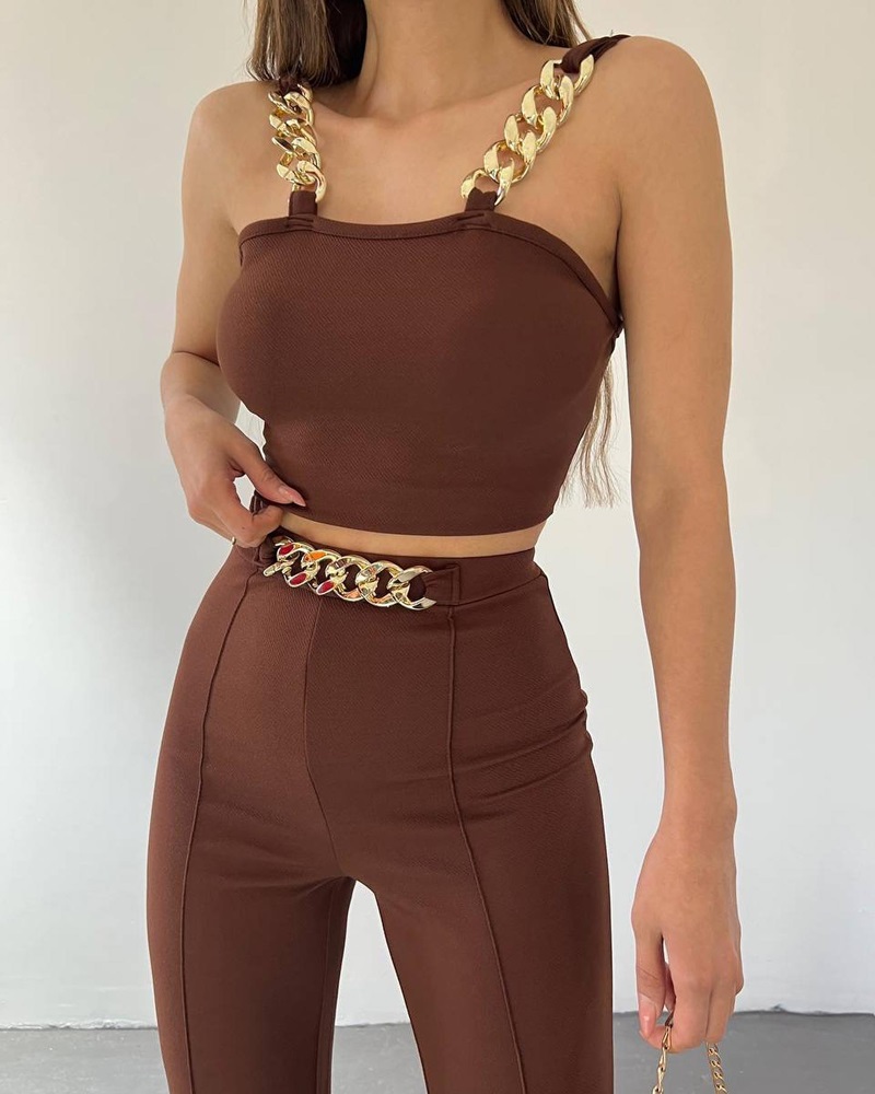 

Square Neck Chain Decor Top & Pants Set, Coffee