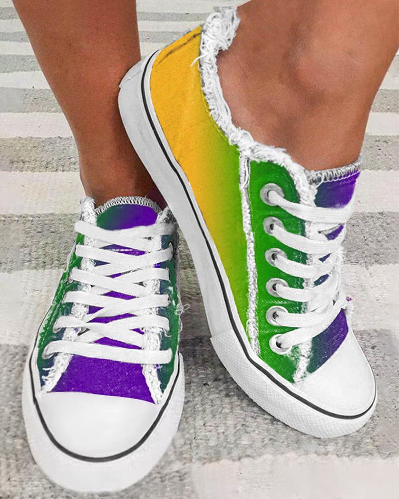 

Ombre Fringe Hem Eyelet Lace-up Sneakers, Green&yellow