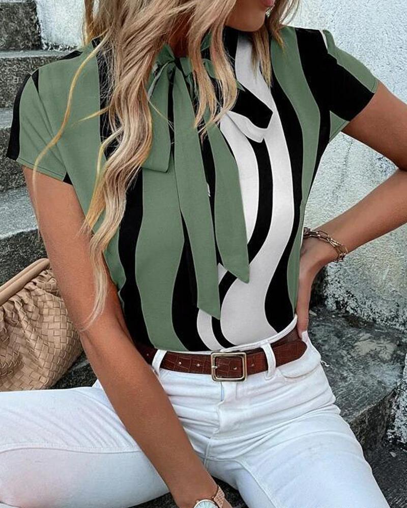 

Abstract Print Tie Neck Casual Blouse, Green