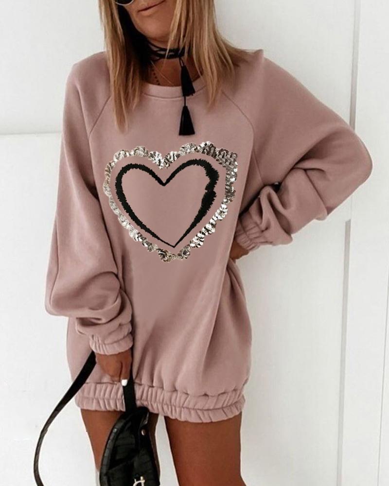 

Heart Print Lantern Sleeve Sweatshirt Dress, Pink