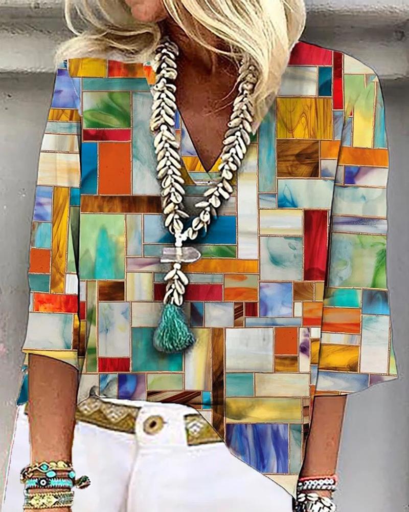 

Colorblock Geometric Print V-Neck Top, Multicolor