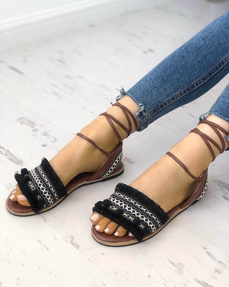 

Boho Style Fringe Tassel Strappy Flat Sandals, Black
