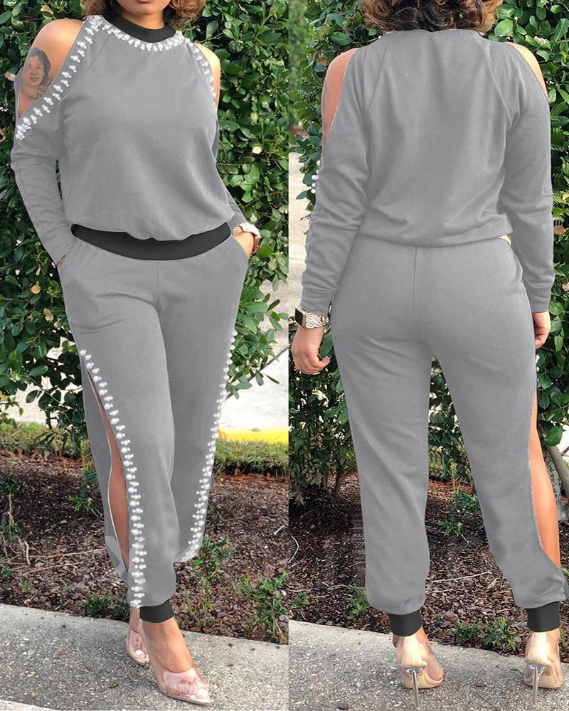

Beaded Cold Shoulder Top & Pocket Design Cutout Pants Set, Gray