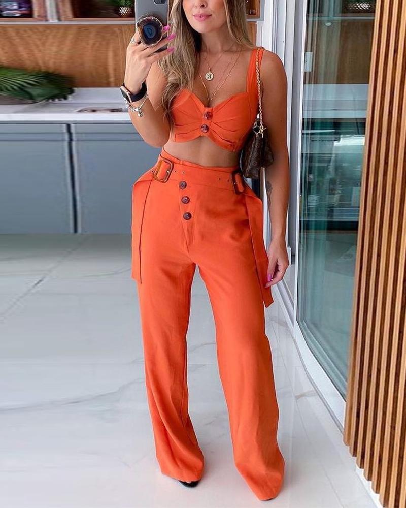 

Plain Strap Button Front Top & Pants Sets, Orange