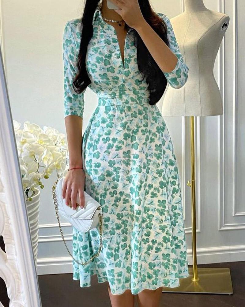 

Floral Print Button Design Shirt Dress, Green