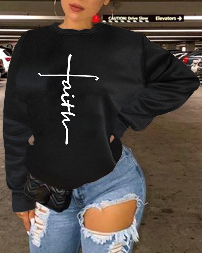 

O Neck Letter Print Long Sleeve Sweatshirt, Black