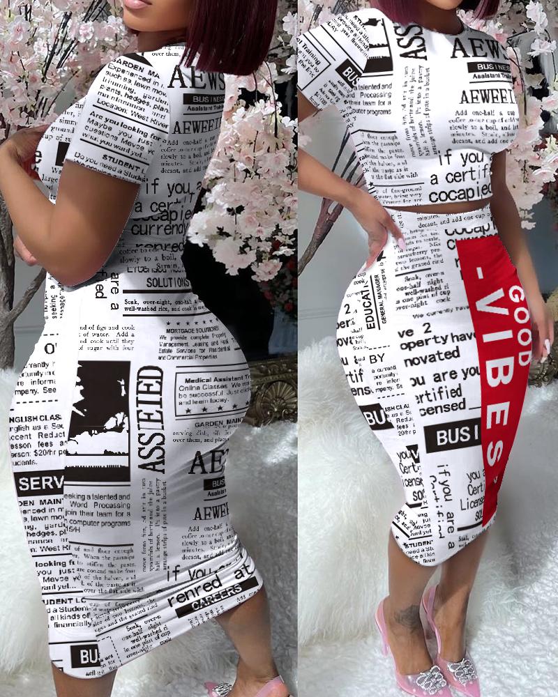 Newspaper Print Crop Top & High Waist Skirt Set