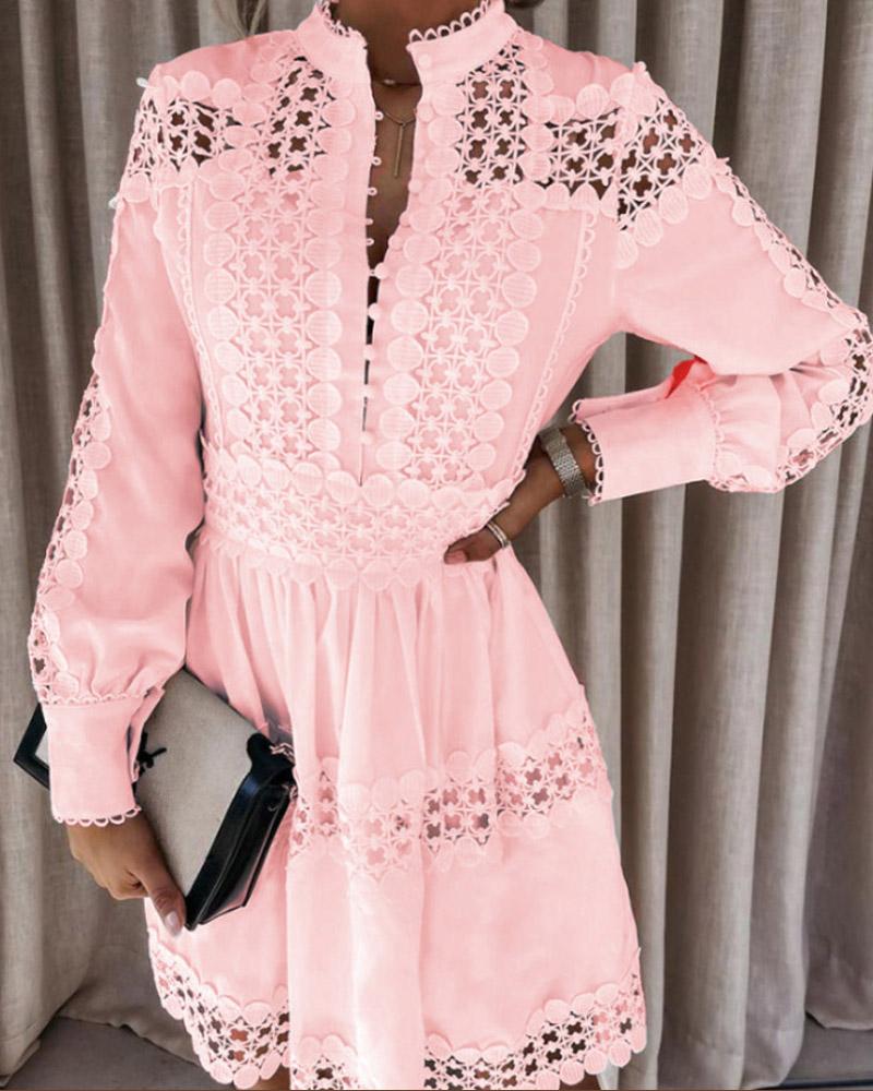 

Long Sleeve Button Front Lace Dress, Pink