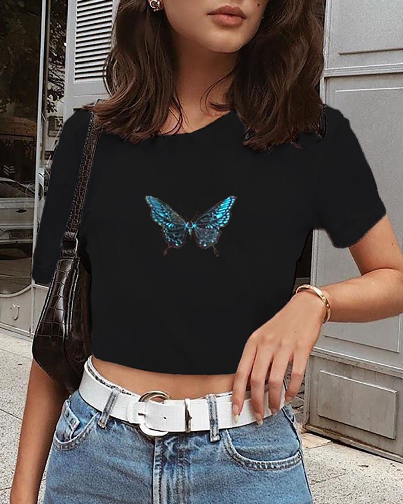 

Butterfly Embroidery Round Neck T-shirt, Black