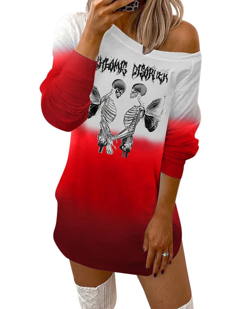 

Halloween Letter Skeleton Print Ombre Casual Dress, Red