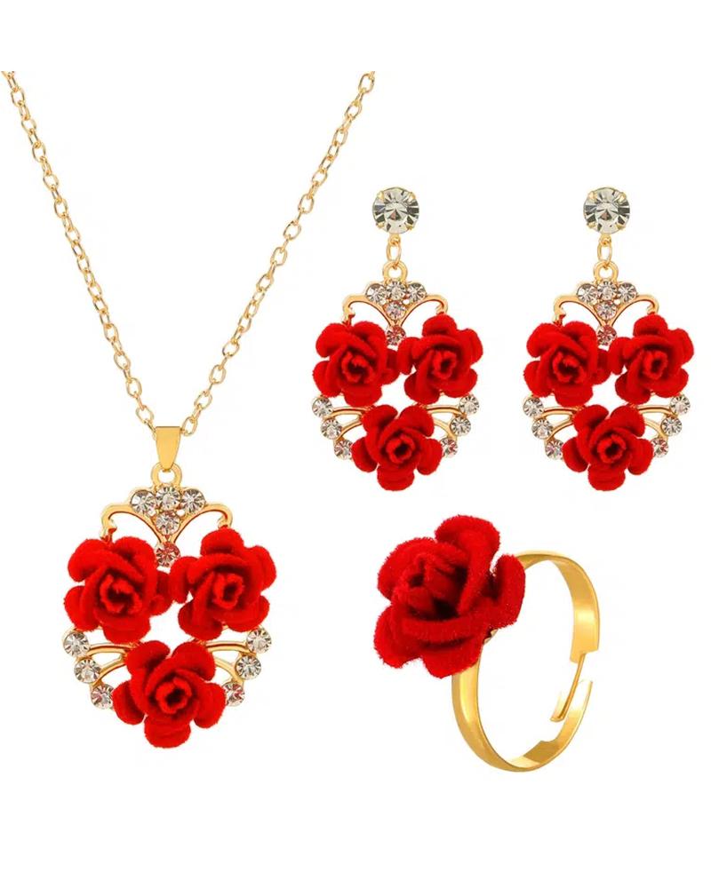 

3pcs Valentine's Day Gift Vintage Fashion Red Rose Necklace & Earrings & Ring Jewelry Set