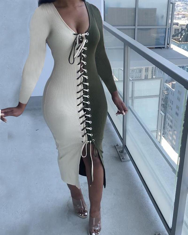 

Color Block Grommet Eyelet Lace-Up Long Sleeve Ribbed Skinny Dress, Green