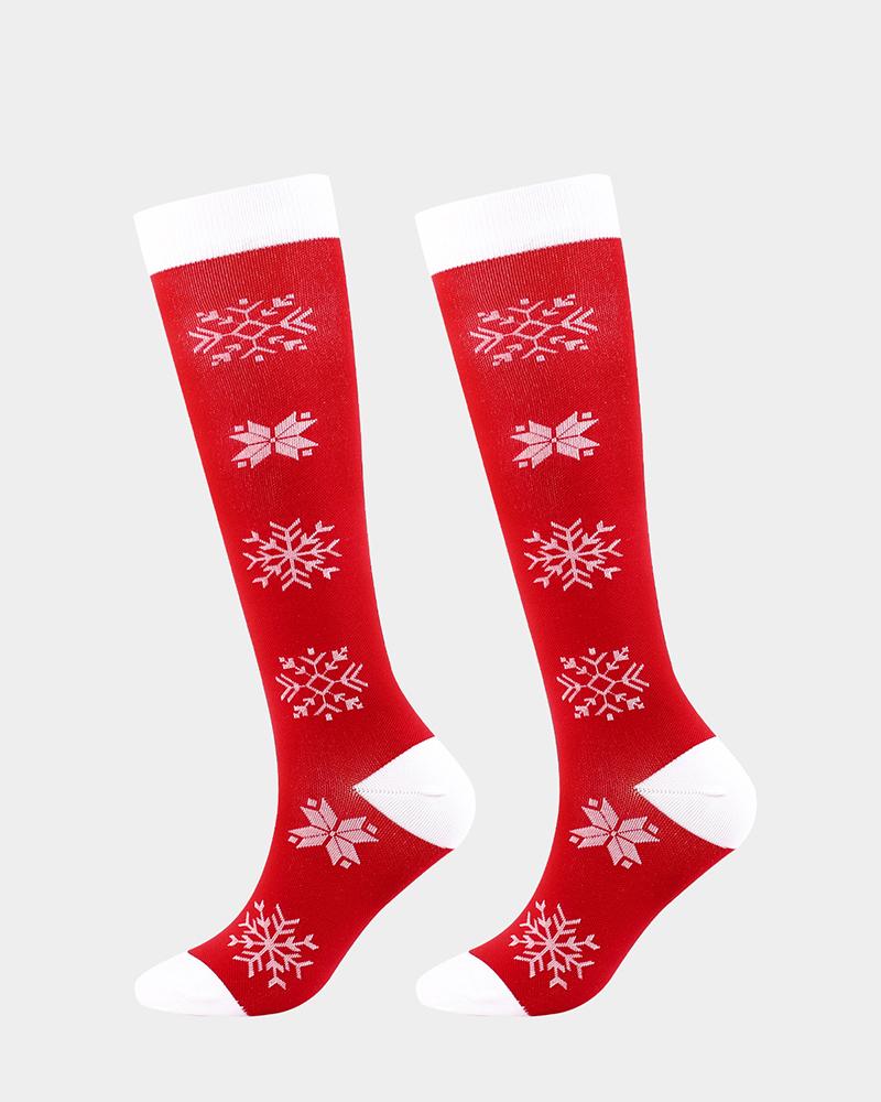 

1Pair Christmas Snowflake Print Long Socks, Red