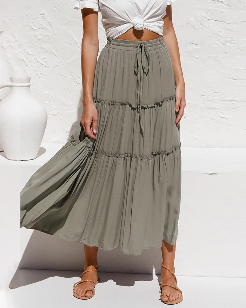 

Frill Hem Drawstring Flowy Skirt, Light green