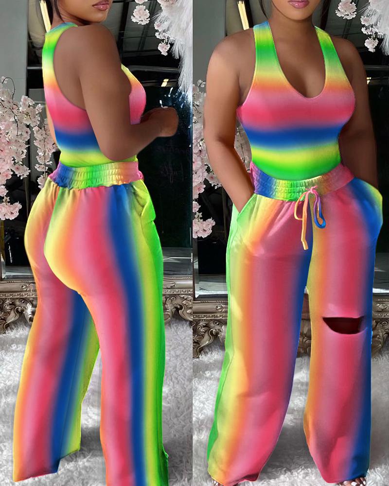 

Ombre U-Neck Tank & Drawstring Cutout Wide Leg Pants Set, Multicolor