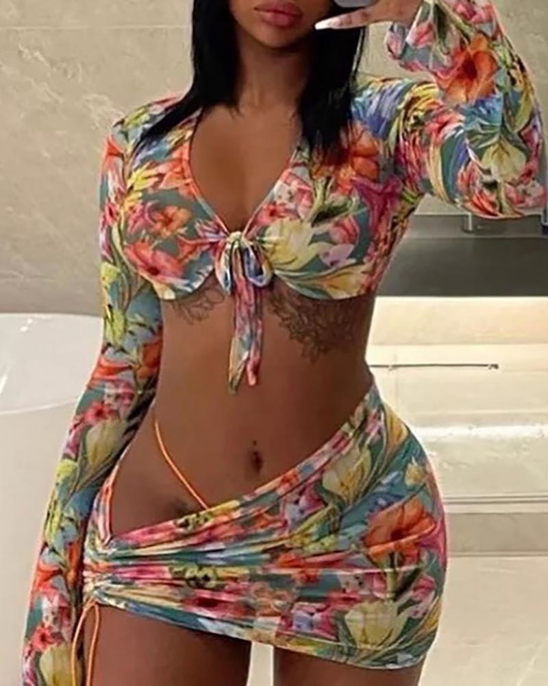 

Tie Front Floral Print Crop Top & Ruched Skirt Set, Multicolor