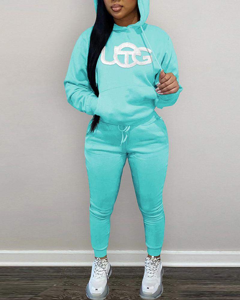

Letter Print Hooded Sweatshirt & Drawstring Pants Set, Lighted blue