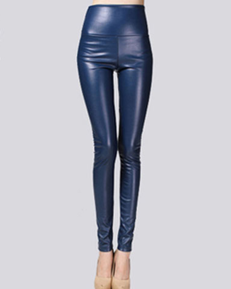 

PU Leather High Waist Thermal Warm Fleece Lined Leggings, Purplish blue