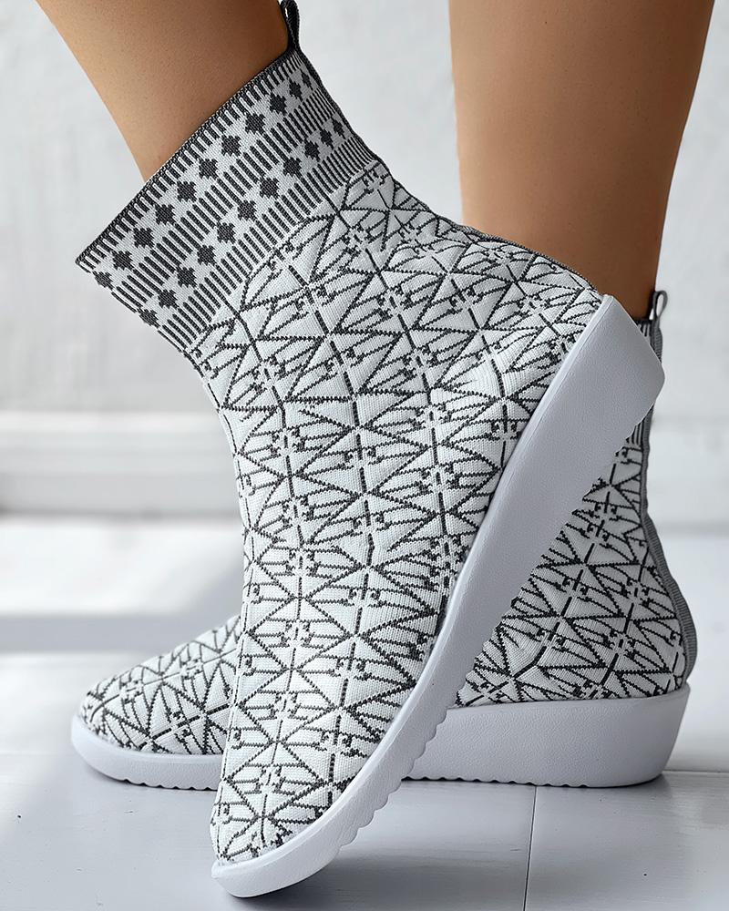 

Geometric Pattern Fly Knit Wedge Ankle Boots, Gray