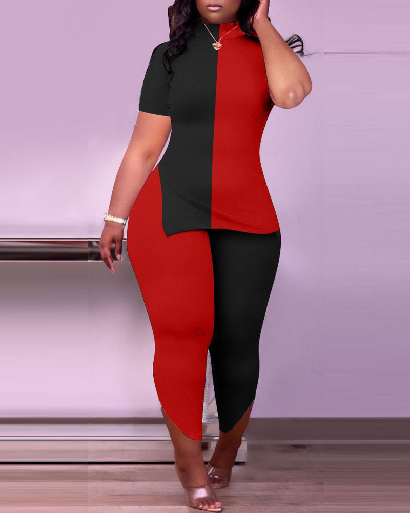 

Plus Size Colorblock Split Hem Top & Pants Set, Black&red