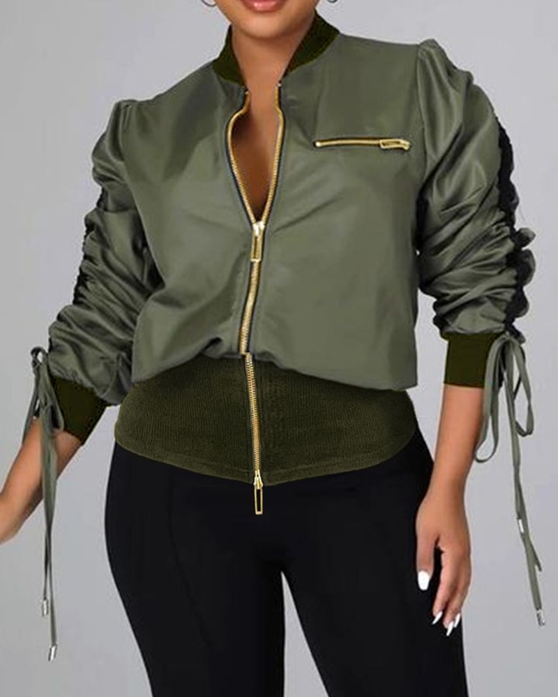 

Patchwork Long Sleeve Zip Up Coat, Green
