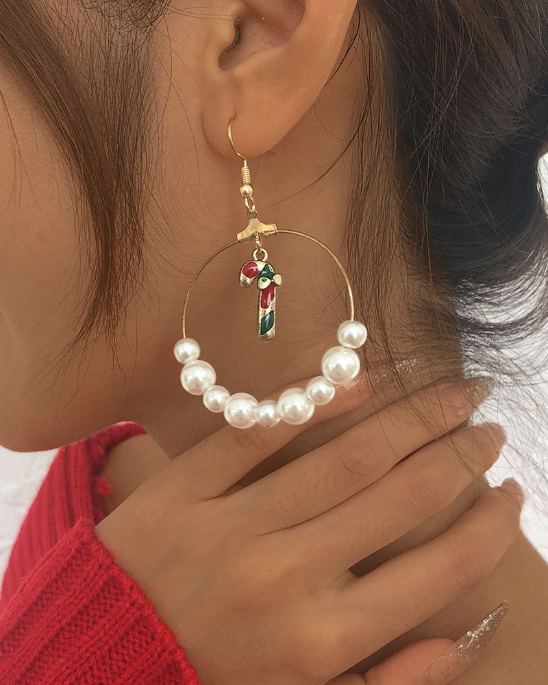 

1Pair Christmas Cane Pearls Decor Drop Earrings, Gold