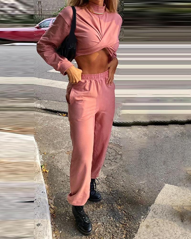 

Twisted Crop Top & Pocket Design Pants Set, Pink