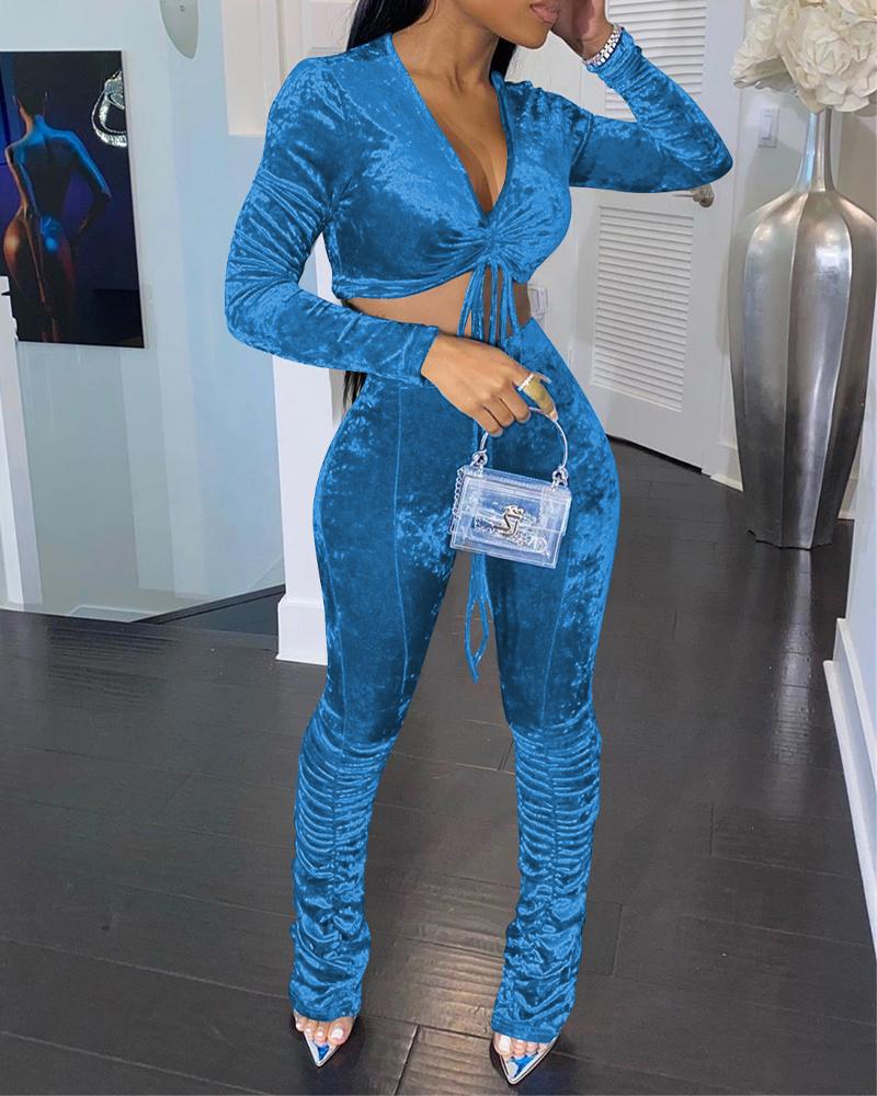 

Velvet Drawstring Ruched Crop Top & Stacked Pants Set, Lighted blue