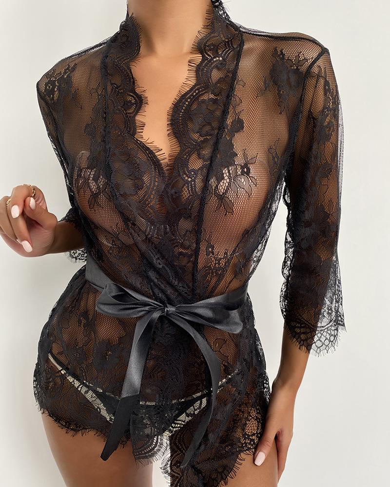 

Eyelash Lace Sheer Mesh Robe, Black