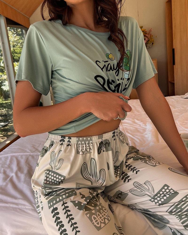 

Letter Plants Print High Waist Pajamas Set, Green