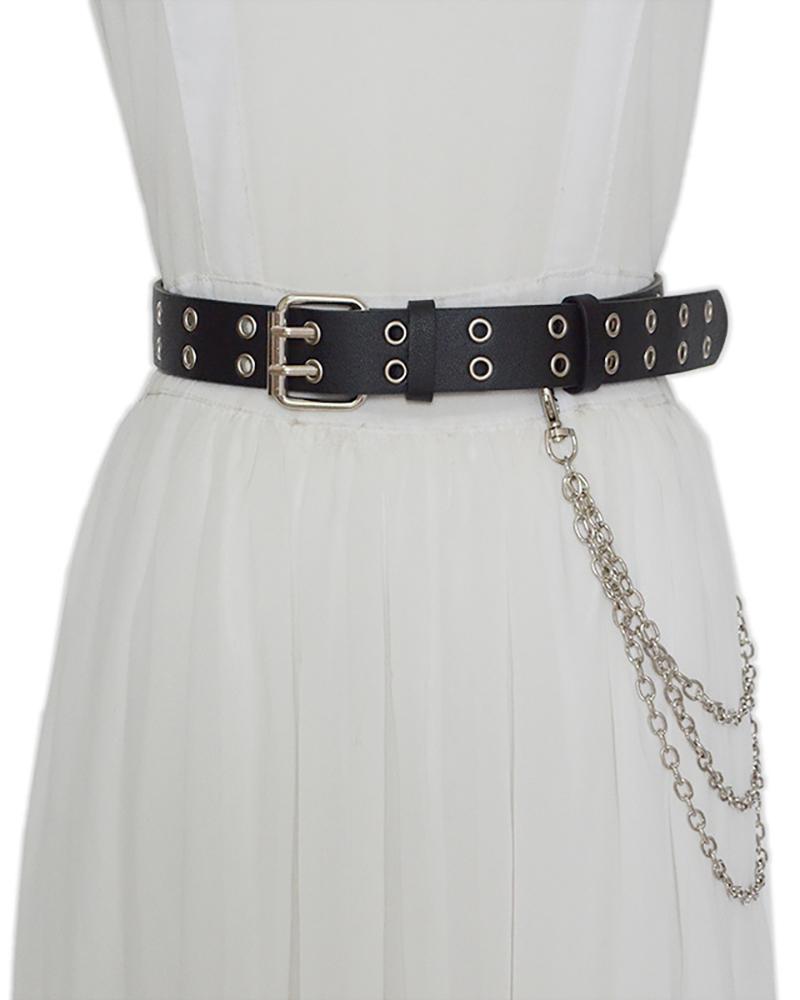 

1PCS Double Eyelet Buckled Chain Decor Belt, Black