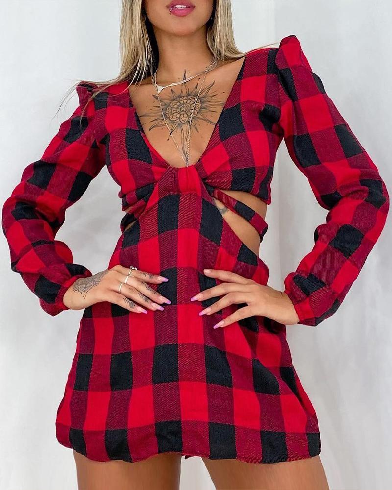 

Plaid Print Puff Sleeve Cutout Backless Romper, Red