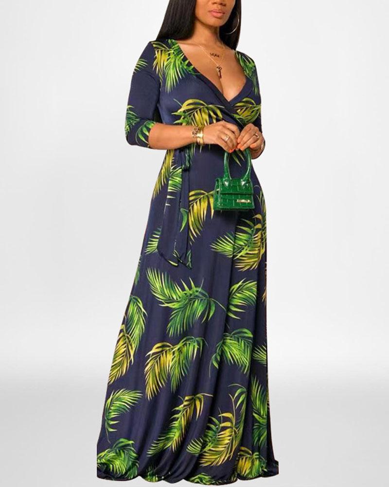 

Plus Size Tropical Print Belted Wrap Maxi Dress, Blue