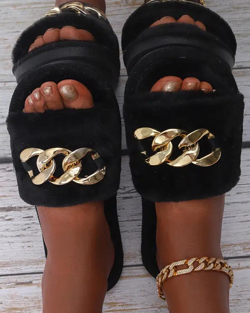 

Fuzzy Chain Decor Slippers, Black