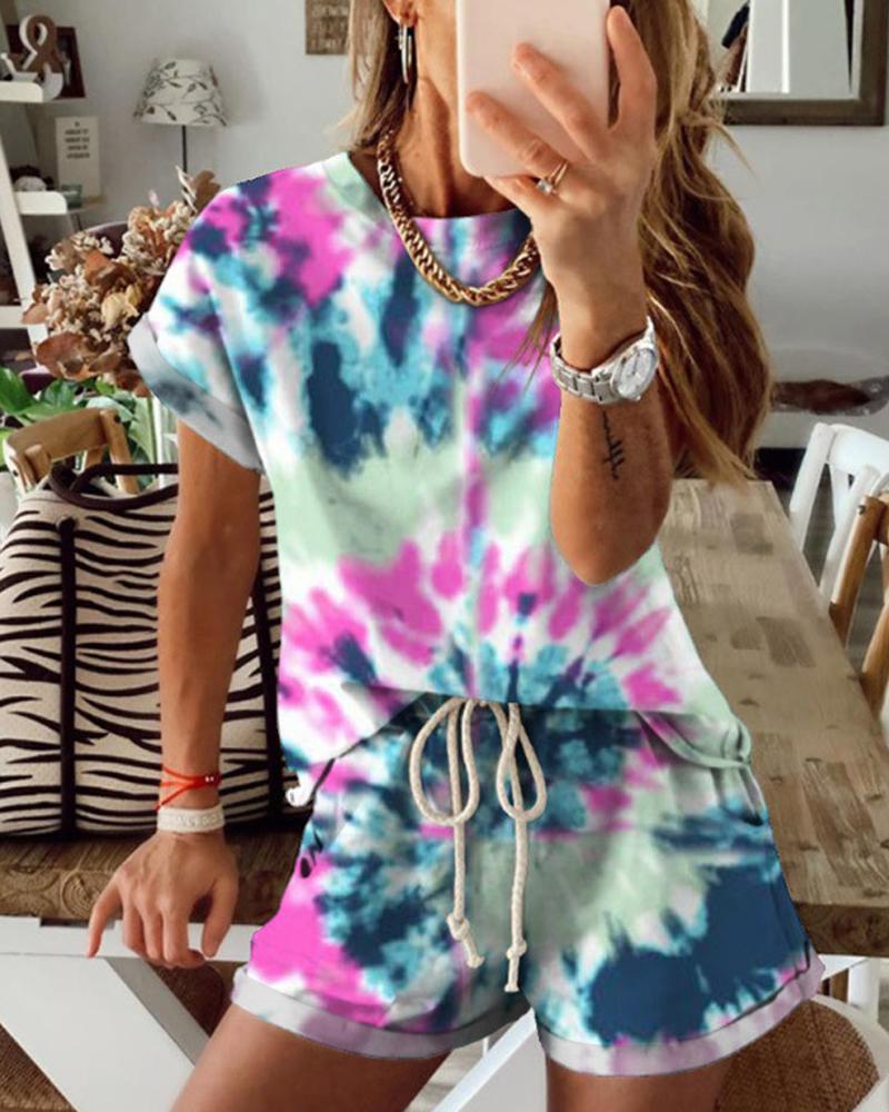 

Tie Dye Print Casual Top & Drawstring Shorts Set, Multicolor