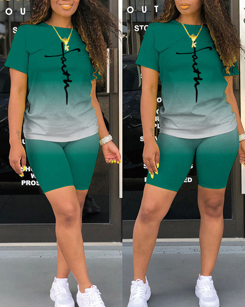 

Letter Print Ombre Casual Top & Shorts Set, Green