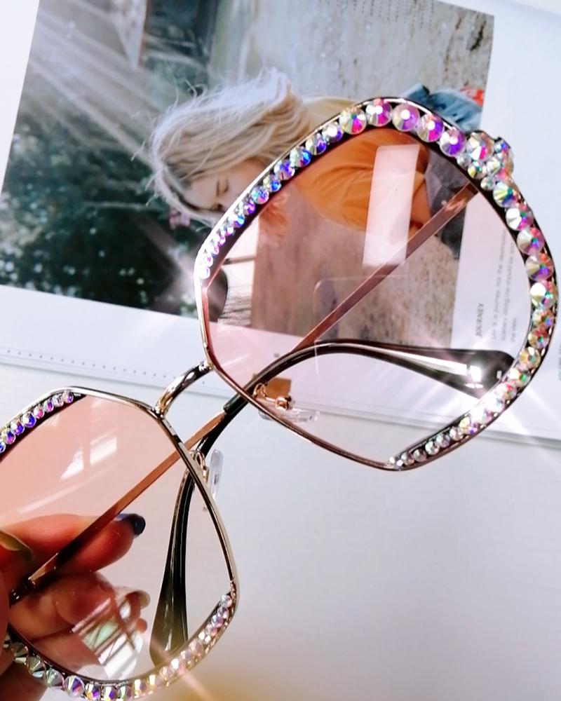 

1Pair Square Frame Ombre Rhinestone Decor Sunglasses, Tan
