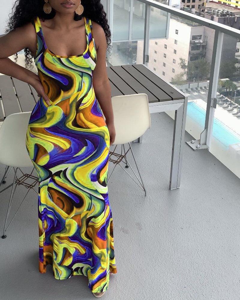 

Abstract Print U-Neck Maxi Dress, Yellow