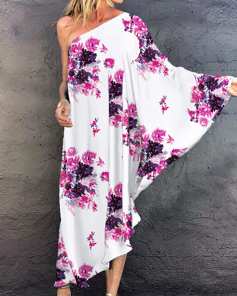 

Floral Print One Shoulder Asymmetrical Maxi Dress, White
